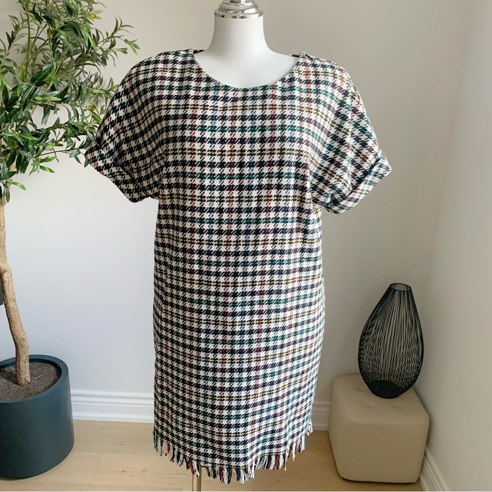 ZARA Tweed Houndstooth Dress XS Multicolor Fringe Hem Loose Fit - Picture 3 of 10